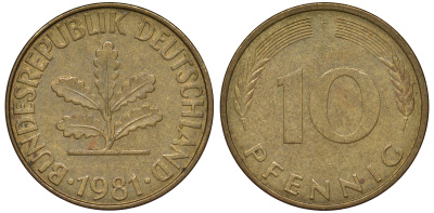 ФРГ 10 пфеннигов 1981 F KM 108, J. 383 сталь плакированная латунью 62-1037