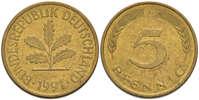 ФРГ 5 ПФЕННИГОВ 1991 J KM 107, J. 382 сталь плакированная латунью 75-521