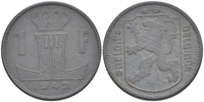 БЕЛЬГИЯ 1 ФРАНК 1942 BELGIE-BELGIQUE KM 128 цинк 4546-234