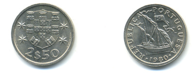 Португалия 2,5 эскудо 1980 парусник KM 590 медно-никель UNC 86-1222