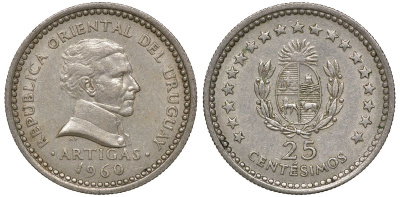Уругвай 25 сентесимо 1960 KM 40 медно-никель 4169-856