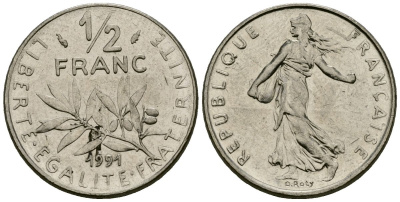 Франция 1/2 франка 1991 сеятель KM 931 никель 4135-737