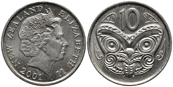 Новая Зеландия 10 центов 2001 Елизавета II (1952-2022), маска маори KM 117 медно-никель 4579-957