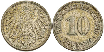 ГЕРМАНИЯ 10 ПФЕННИГОВ 1910 A KM 12, J. 13, Weege 8 медно-никель 212-133