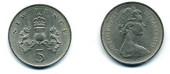 Великобритания 5 пенсов 1968 Елизавета II (1952-2022) KM 911, Spink 4233 (D1) медно-никель UNC 4110-847