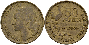 Франция 50 франков 1953 B, Петух KM 918.1, Le Franc 425.5 алюминиевая бронза 4157-224