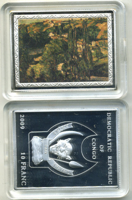 Конго 10 франков 2009 серия шедевры мировой живописи, ПОЛЬ СЕЗАНН, COTE du GALET , at PONTOISE, серебрение, размер 35Х46 мм., цветная эмаль медно-никель PROOF M43-8