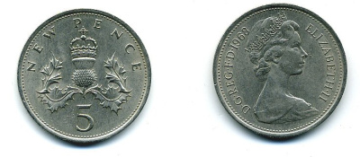 Великобритания 5 пенсов 1968 Елизавета II (1952-2022) KM 911, Spink 4233 (D1) медно-никель UNC 4110-847