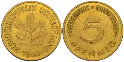 ФРГ 5 пфеннигов 1981 F J.382, KM 107 сталь плакированная латунью    4598-1027