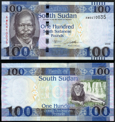 Южный Судан 100 фунтов 2019 Джон Гаранг, лев, водопад Pick 15 a  бумага  UNC (пресс) 448-119-1