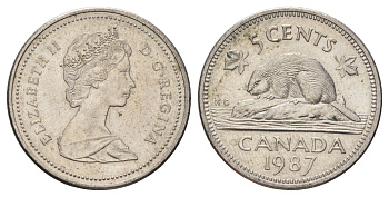 Канада 5 центов 1987 Елизавета II (1952-2022), бобр KM 60.2a медно-никель 4689-432