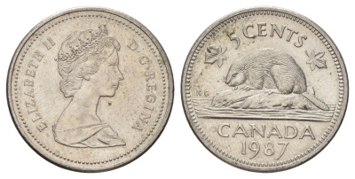Канада 5 центов 1987 Елизавета II (1952-2022), бобр KM 60.2a медно-никель 4689-432