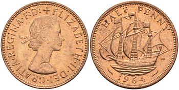 Великобритания 1/2 пенни 1964 Елизавета II (1952-2022) KM 896, Spink 4158 бронза аUNC 4571-422