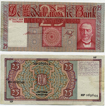 НИДЕРЛАНДЫ 25 ГУЛЬДЕНОВ 1941 Pick 50 бумага 444-94-1