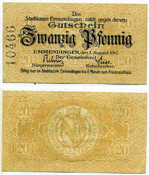 Эммендинген 20 пфеннигов 1917 1 августа 1917, нотгельд, земля Баден-Вюртемберг Grabowski E17.1b бумага 2195-26-3-2