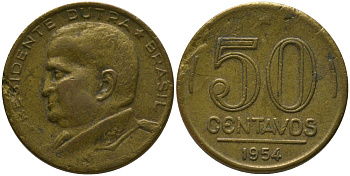 Бразилия 50 сентаво 1954 Эурику Дутра KM 563, Schon 68 алюминиевая бронза 4577-642
