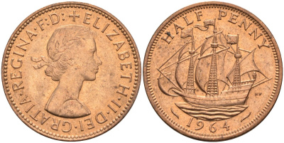 Великобритания 1/2 пенни 1964 Елизавета II (1952-2022) KM 896, Spink 4158 бронза аUNC 4571-422
