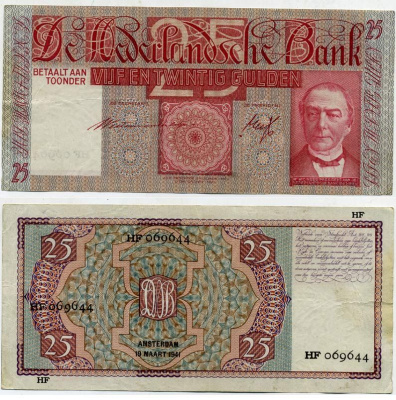 НИДЕРЛАНДЫ 25 ГУЛЬДЕНОВ 1941 Pick 50 бумага 444-94-1