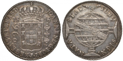 Бразилия 960 рейс 1816 монетный двор не прочеканен, перечекан, патина, Жоао принц-регент (1799-1818) KM 307 серебро 00-814-67