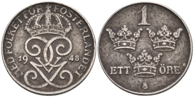 Швеция 1 эре 1948 Густав V (1907-1950) KM 810 железо 4585-324