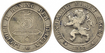 БЕЛЬГИЯ 5 САНТИМОВ 1898 BELGEN KM 41 медно-никель 116-727