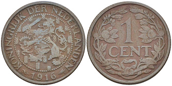 НИДЕРЛАНДЫ 1 ЦЕНТ 1916 ВИЛЬГЕЛЬМИНА I (1891-1948) KM 152 бронза 4547-1066