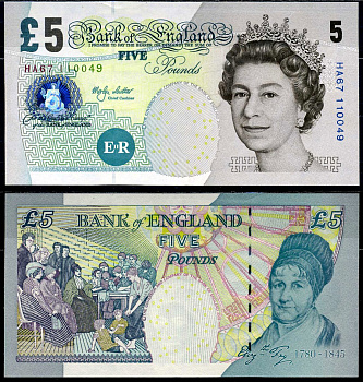 Англия 5 фунтов 2002 Банк Англии, Элизабет Фрай, серия HA Pick 391c бумага UNC (пресс) 7202-49-1