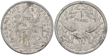 Французская Новая Каледония 1 франк 2008 птица кагу, (IEOM) KM 10, Schoen 10 алюминий 55-225