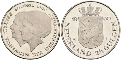 Нидерланды 2 1/2 гульдена 1980 коронация Беатрикс, 30 апреля 1980 KM 201 никель UNC 88-1122