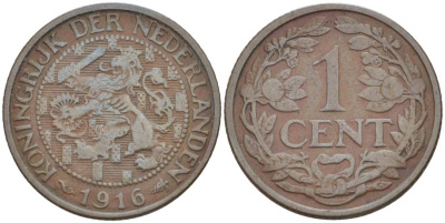НИДЕРЛАНДЫ 1 ЦЕНТ 1916 ВИЛЬГЕЛЬМИНА I (1891-1948) KM 152 бронза 4547-1066
