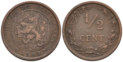 Нидерланды 1/2 цента 1903 Вильгельмина (1890-1948) KM 133 бронза 4576-324