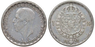 Швеция 1 крона 1947 TS, Густав V (1907-1950) KM 814 серебро 4178-716