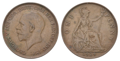 Великобритания 1 пенни 1929 Георг V (1910-1936) KM 838, Spink 4055 бронза 4536-213