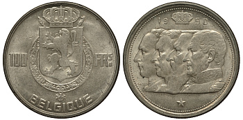 Бельгия 100 франков 1950 Belgique, королевская династия KM 138.1 серебро 557-1335