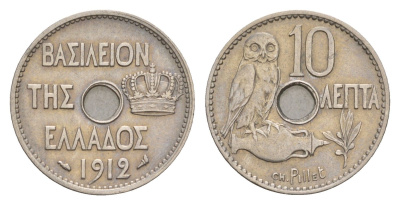 Греция 10 лепт 1912 Георг I (1863-1913), сова KM 63 никель 4655-336