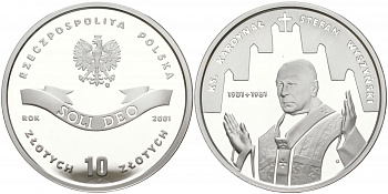 Польша 10 злотых 2001 MW, кардинал Стефан Вышинский (1901-1981) KM 419 серебро PROOF 1087-8-21