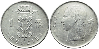 Бельгия 1 франк 1952 Belgie, Бодуэн I (1951-1993) KM 143.1 медно-никель 4390-1232