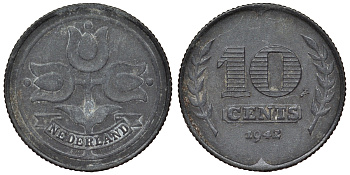 Нидерланды 10 центов 1942 Вильгельмина I (1891-1948), германская оккупация, Вторая мировая война KM 173 цинк 4119-1153