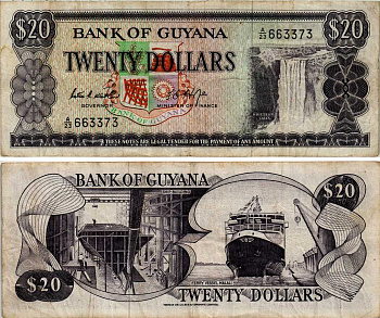 ГАЙАНА 20 ДОЛЛАРОВ 1966-1989 ПОДПИСЬ 5, ВОДОПАД КАЙЕТУР, ПОРТ, КОРАБЛЬ Pick 24b бумага 7203-87-3