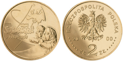 Польша 2 злотых 2000 MW, 20 лет профсоюзу "Солидарность" KM 394 нордик  UNC 4521-926