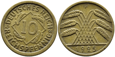 ГЕРМАНИЯ 10 РЕЙХСПФЕННИГОВ 1925 F KM 40, J.317 алюминиевая бронза 4390-841