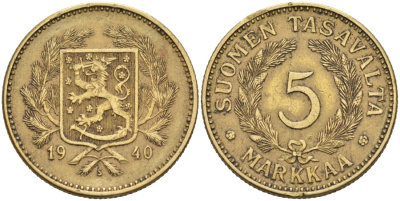 ФИНЛЯНДИЯ 5 МАРОК 1940 S KM 31 алюминиевая бронза 4563-352