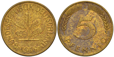 ФРГ 5 пфеннигов 1979 J J.382, KM 107 сталь плакированная латунью    4598-1024