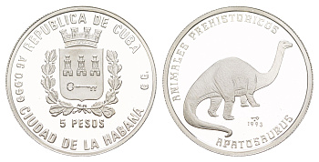 Куба 5 песо 1993 Доисторические животные - Апатозавр KM 405 серебро PROOF 11-085-13