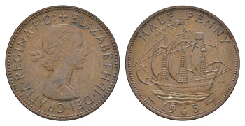 Великобритания 1/2 пенни 1965 Елизавета II (1952-2022) KM 896, Spink 4158 бронза 4538-147