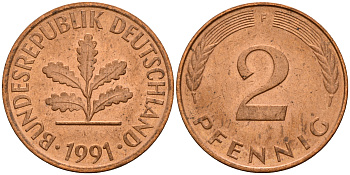 ФРГ 2 пфеннига 1991 F J.381a, KM 106a сталь плакированная медью    4598-929