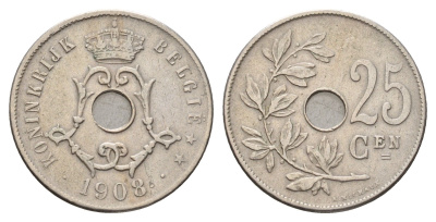 Бельгия 25 сантимов 1908 Belgie KM 63 медно-никель 3996-631