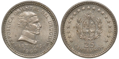 Уругвай 25 сентесимо 1960 KM 40 медно-никель 4169-1027