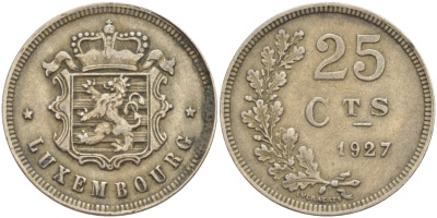 ЛЮКСЕМБУРГ 25 САНТИМОВ 1927 ГОД ТИП KM 37 медно-никель 4548-1036