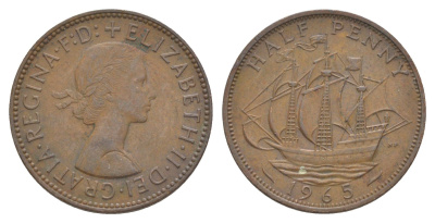 Великобритания 1/2 пенни 1965 Елизавета II (1952-2022) KM 896, Spink 4158 бронза 4538-147